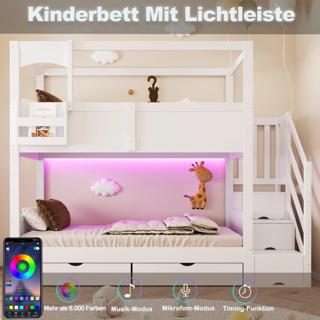 LETTO A CASTELLO 90x200 cm in legno bianco con scala contenitore e lavagna