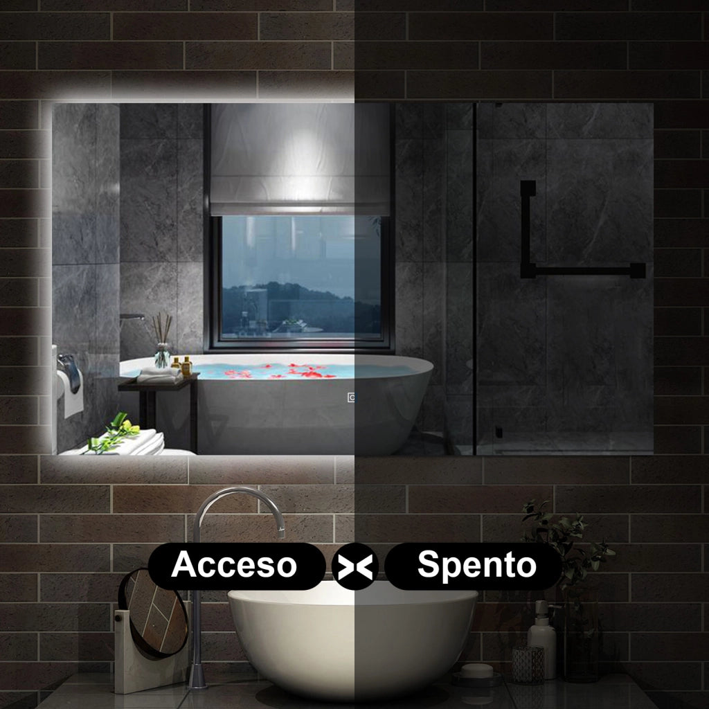 specchio 100 x 60 cm rettangolare con luce led antiappannamento e touch