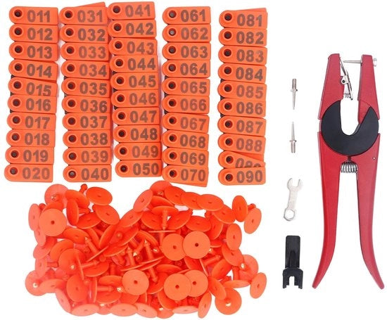 Oormerkset per Animali, 100 Stuks, Num. Dieroormerk con Applicatore per Animali Equino, Suino, Ovino, TPU, Lega di Alluminio, Forma Ovale, Colore Verde/Giallo/Blu/Arancione, (Oormerk Arancione con Applicatore)