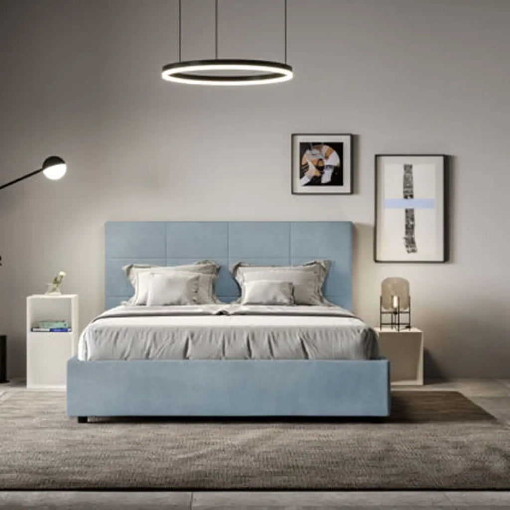 Letto matrimoniale con rete imbottito 160x200 microfibra azzurro Mika
