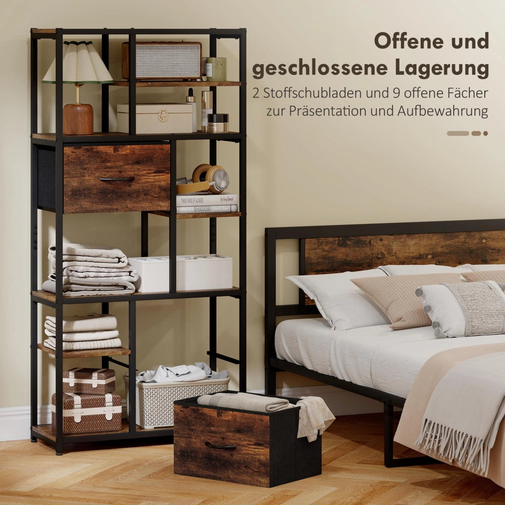 Cassettiera con Ripiani Aperti e 2 Cassetti in Tessuto ¨C Minimal ¨C Marrone e Nero