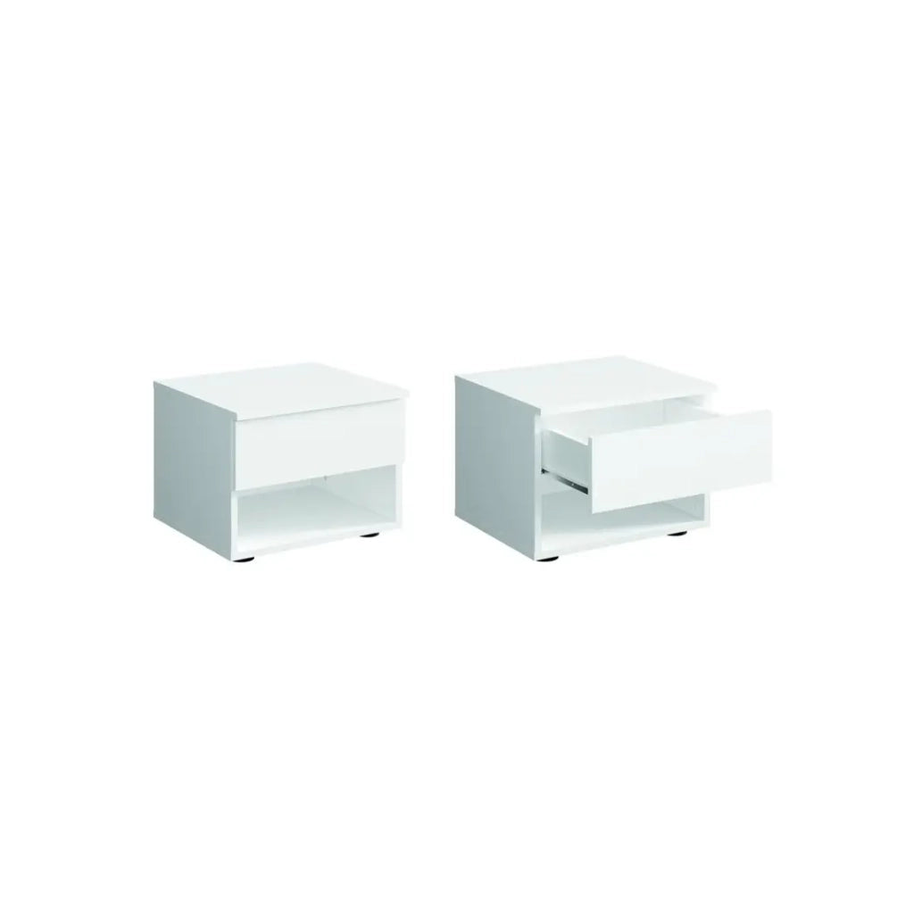 Set camera NOFI - Letto 140x200 cm con rete a doghe, 2 cassetti, comodini, armadio e cassettiera - bianco