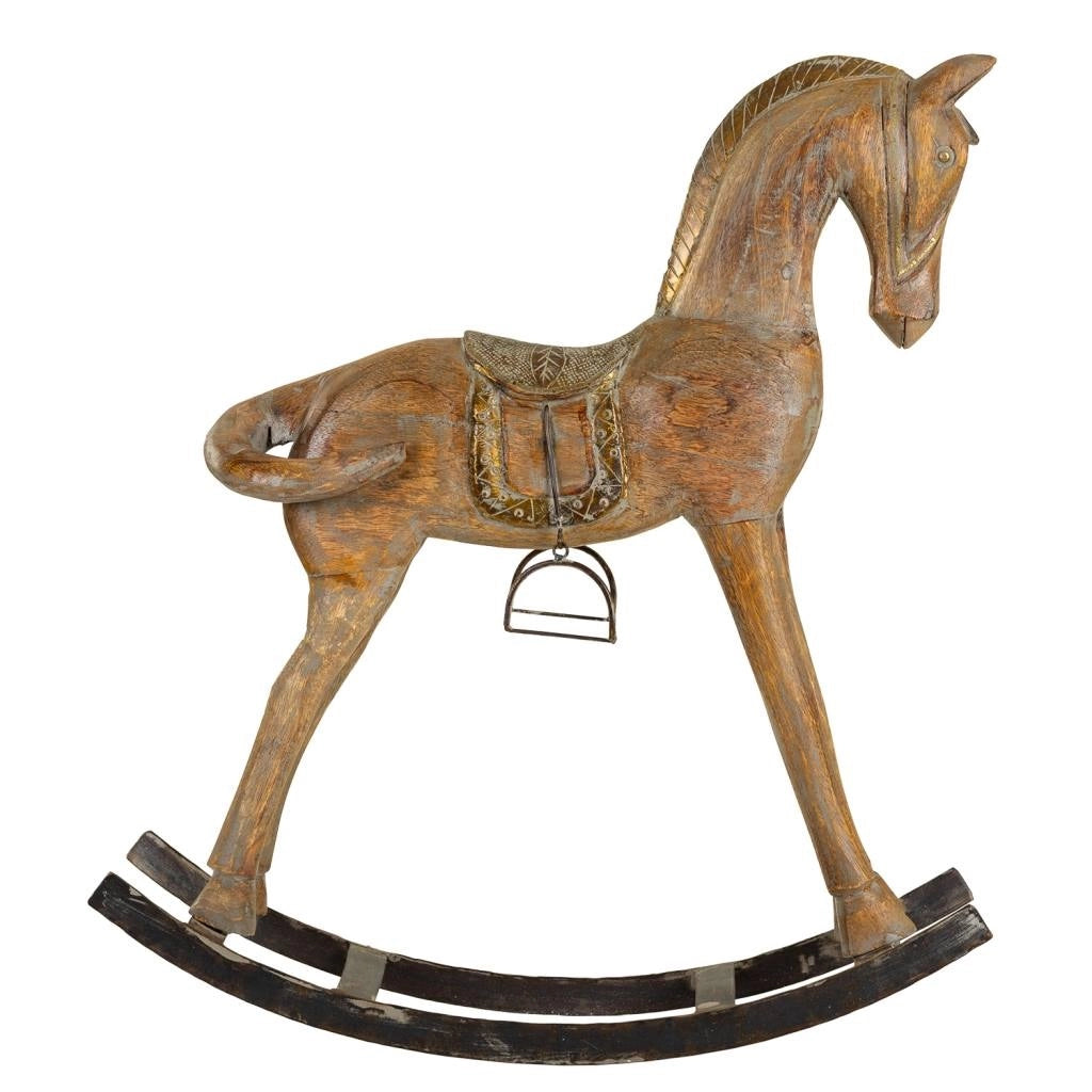 Cavallo a dondolo legno artigianale marrone 56x14x58h cm
