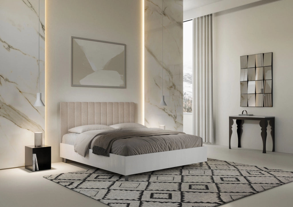 BS COM Letto matrimoniale con rete 160x190 bianco frassino testata microfibra sabbia