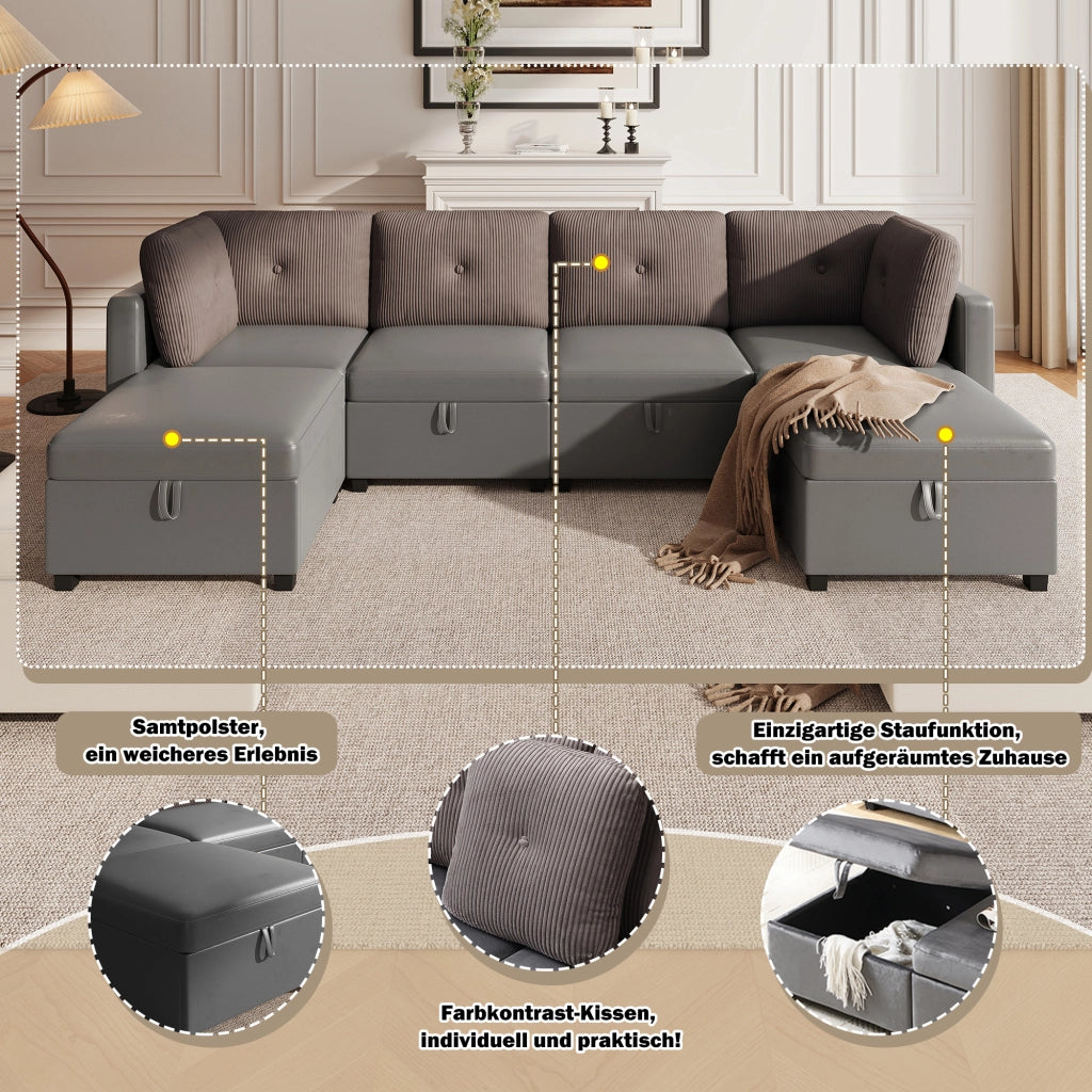 Divano modulare a U 6 moduli con contenitore e cuscini; velluto e cord; grigio antico