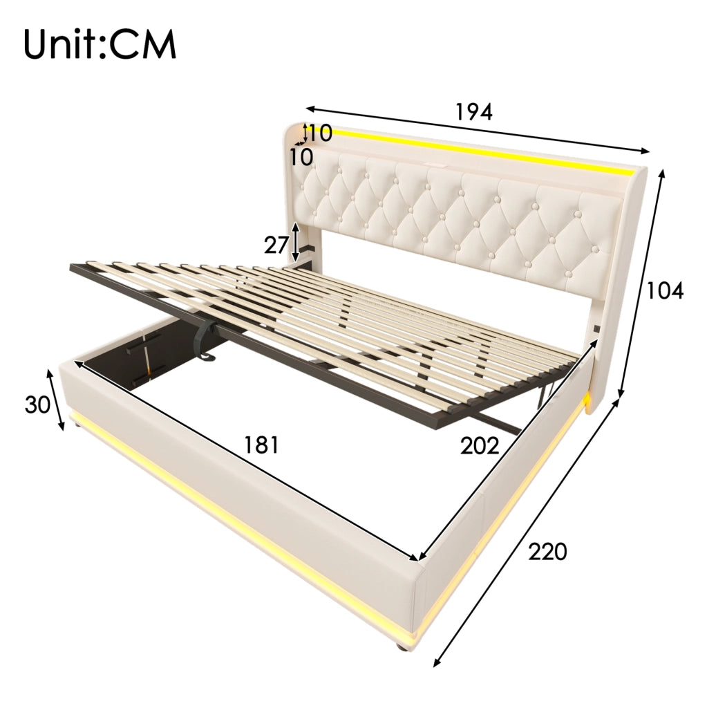 Letto matrimoniale contenitore 180x200 cm con LED; USB e Type-C; testiera imbottita in PU bianco
