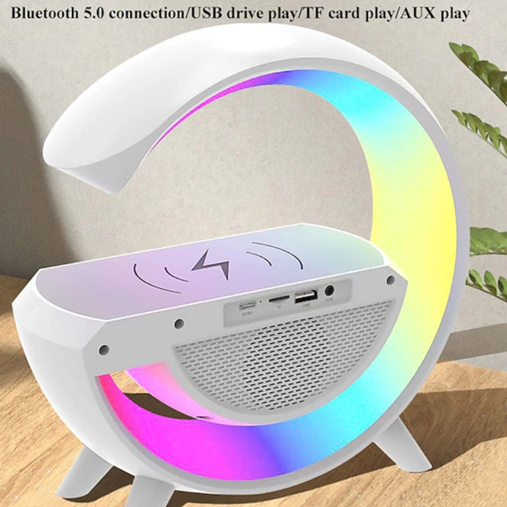 Trade Shop - Lampada Led Caricabatteria Wireless Cassa Speaker A Forma G Con Sveglia Display -
