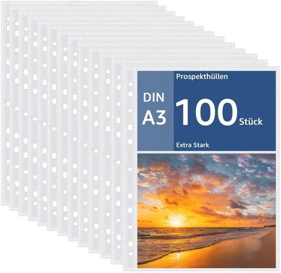 Documenti A3 in trasparenti, 100 pezzi, extra resistenti, protezione documenti, in polipropilene, dimensioni 430 x 325 mm.