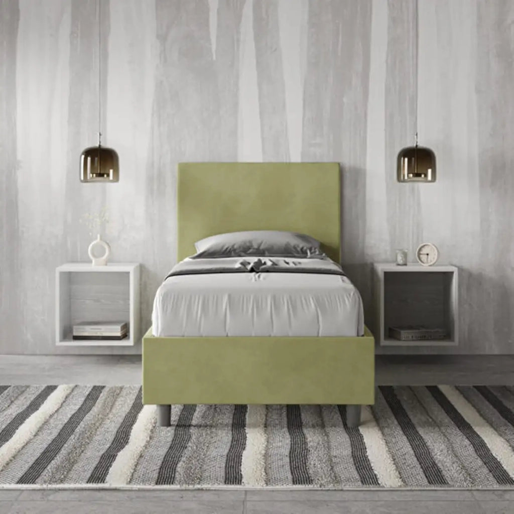 Letto singolo con rete imbottito 80x200 microfibra tè verde Adele