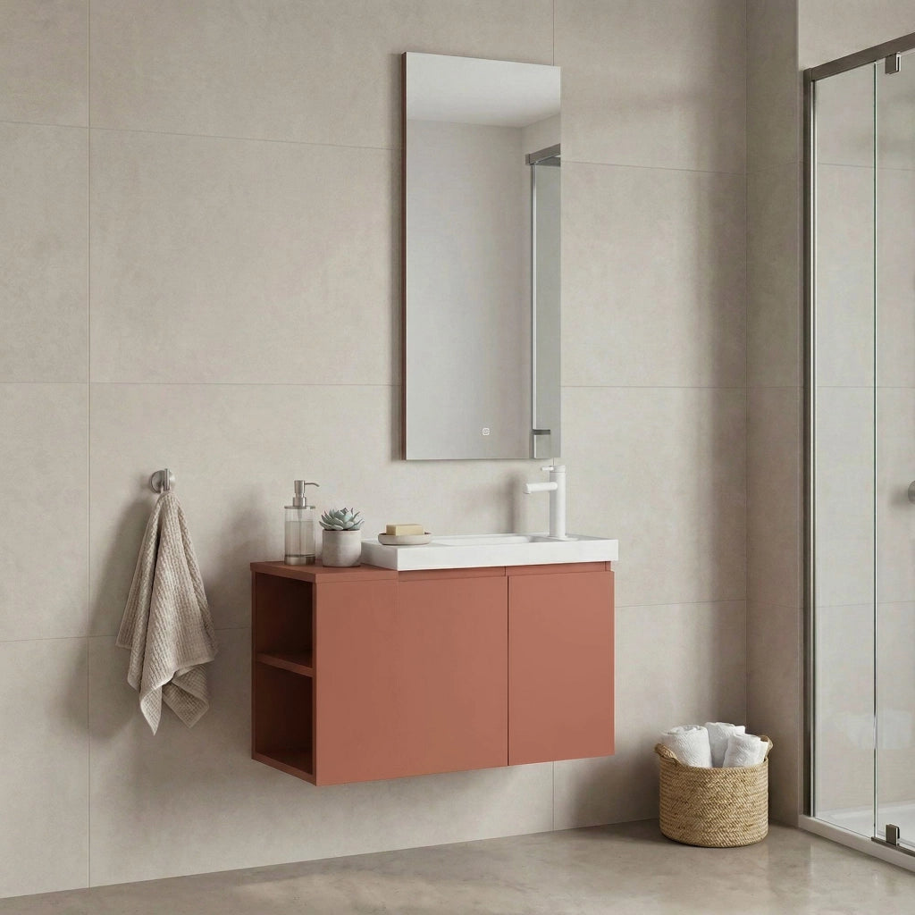 Set mobile lavabo con specchio (2 pezzi) "Ferla 80" - 80 x 22 x 45 cm - Cinnamon opaco