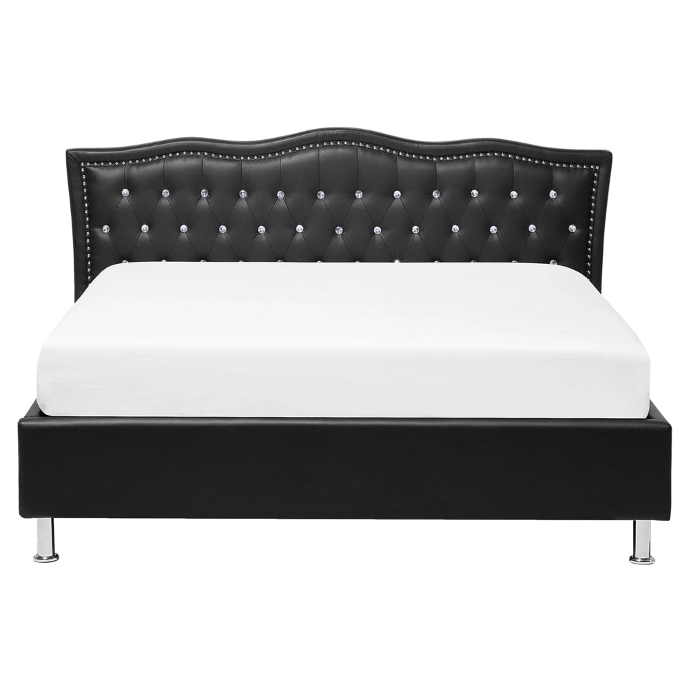Letto 160 x 200 cm in ecopelle nera struttura imbottita con bottoncini in cristallo con finiture imbottite
