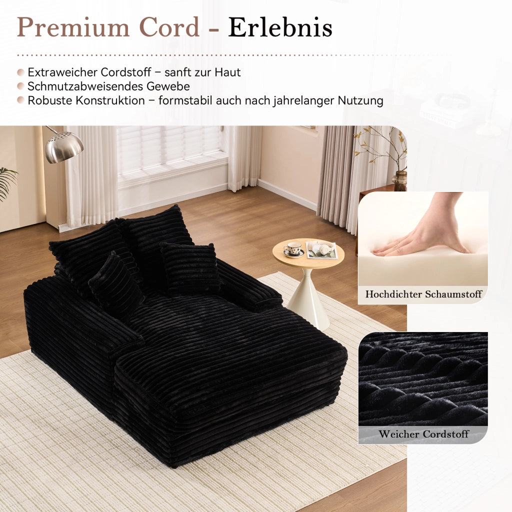 Méridiana in tessuto a coste con 4 cuscini sfoderabili e supporto ergonomico in schiuma nera 175 × 137 × 63 cm