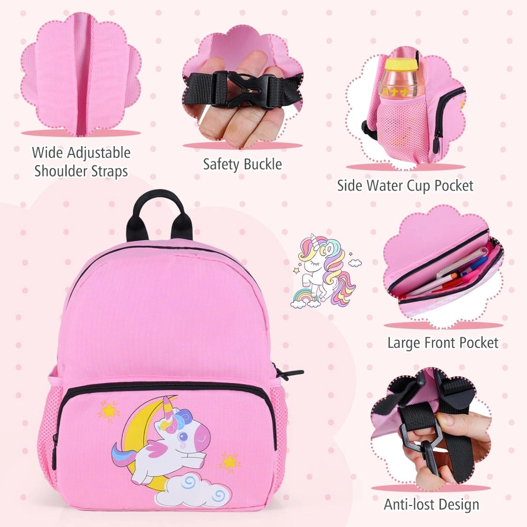 Set di Valigia Cavalcabile 18’’ + Zaino 12’’ per Bambini 2 Pezzi, Bagagli 2-in-1 di con Maniglia Telescopica e 4 Ruote, Trolley Bagaglio a Mano e Zaino per Bambini (Rosa Unicorno)