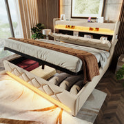 Letto Matrimoniale Imbottito con Contenitore Idraulico e LED ¨C MINIMAL ¨C Beige, 180x200