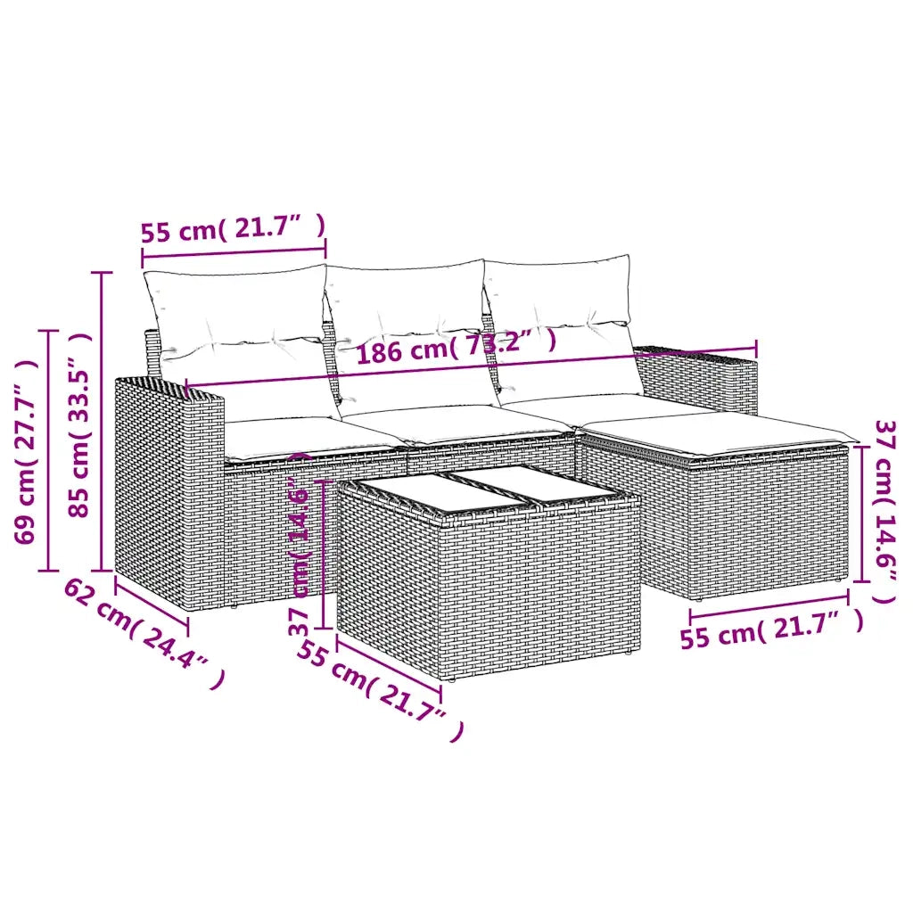 Set Divano da Giardino 5pz con Cuscini Grigio Chiaro Polyrattan