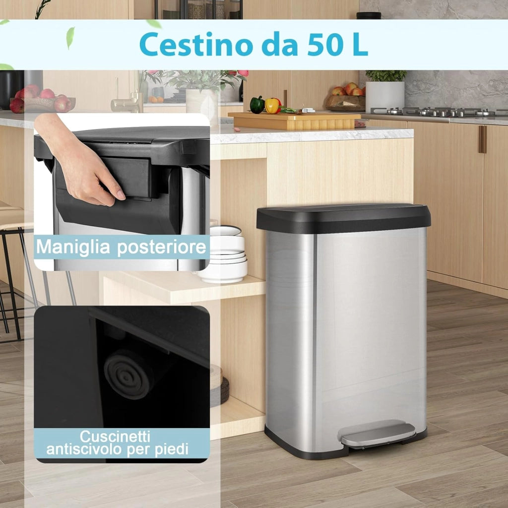 Bidone per Pattumiera da 50 L, Pattumiera da Cucina con Pedale, Coperchio e Scomparto Deodorante, Ideale per Casa Ufficio, Rosa Dorato/Argento (50L, Argento)
