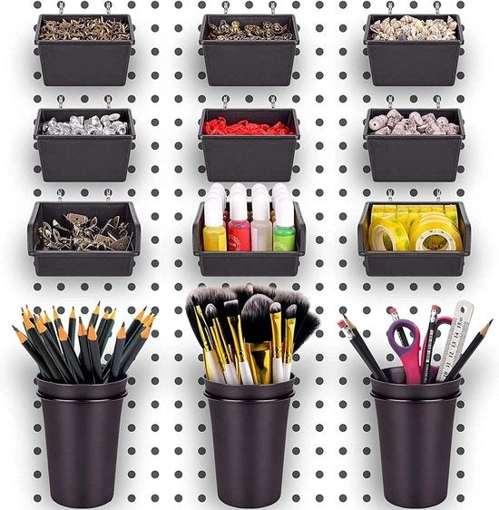 Contenitori per pegboard con chiodi, 15 pezzi, cassetti per organizzare, sistema di archiviazione per attrezzi per garage, bagno, officina, ufficio