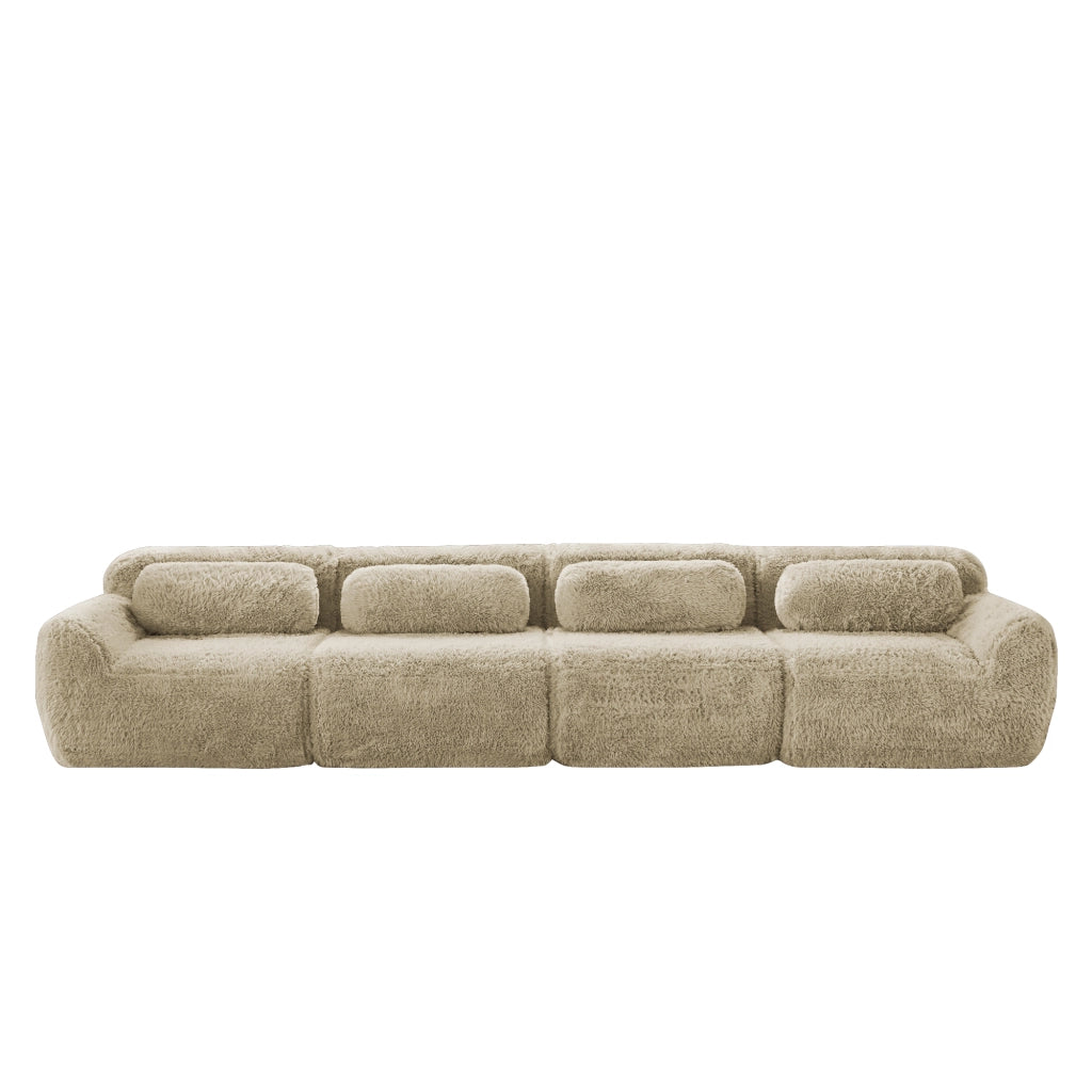 Divano Modulare 4 Posti con Cuscini e Base Antiscivolo; Tessuto Peluche; Cachi Chiaro