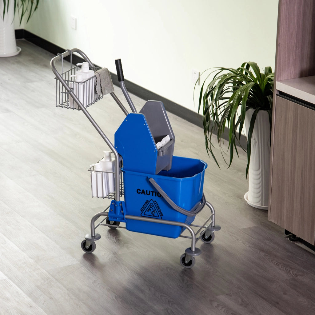 Carrello delle Pulizie Professionale con Secchio da 26L Strizzatore e Cestini a Rete Blu