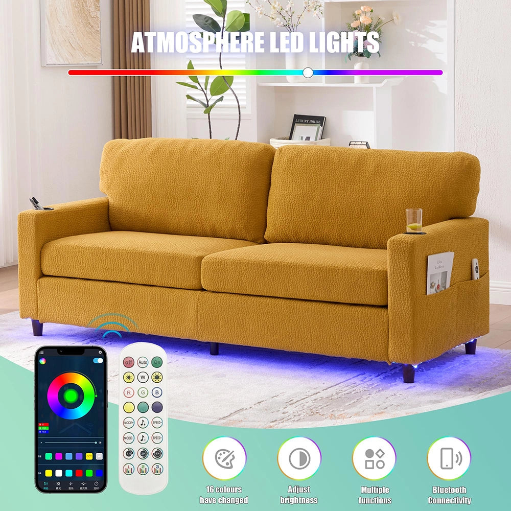 Divano 2 posti - Xylo - Chenille, LED, USB-C, porta bicchieri, giallo