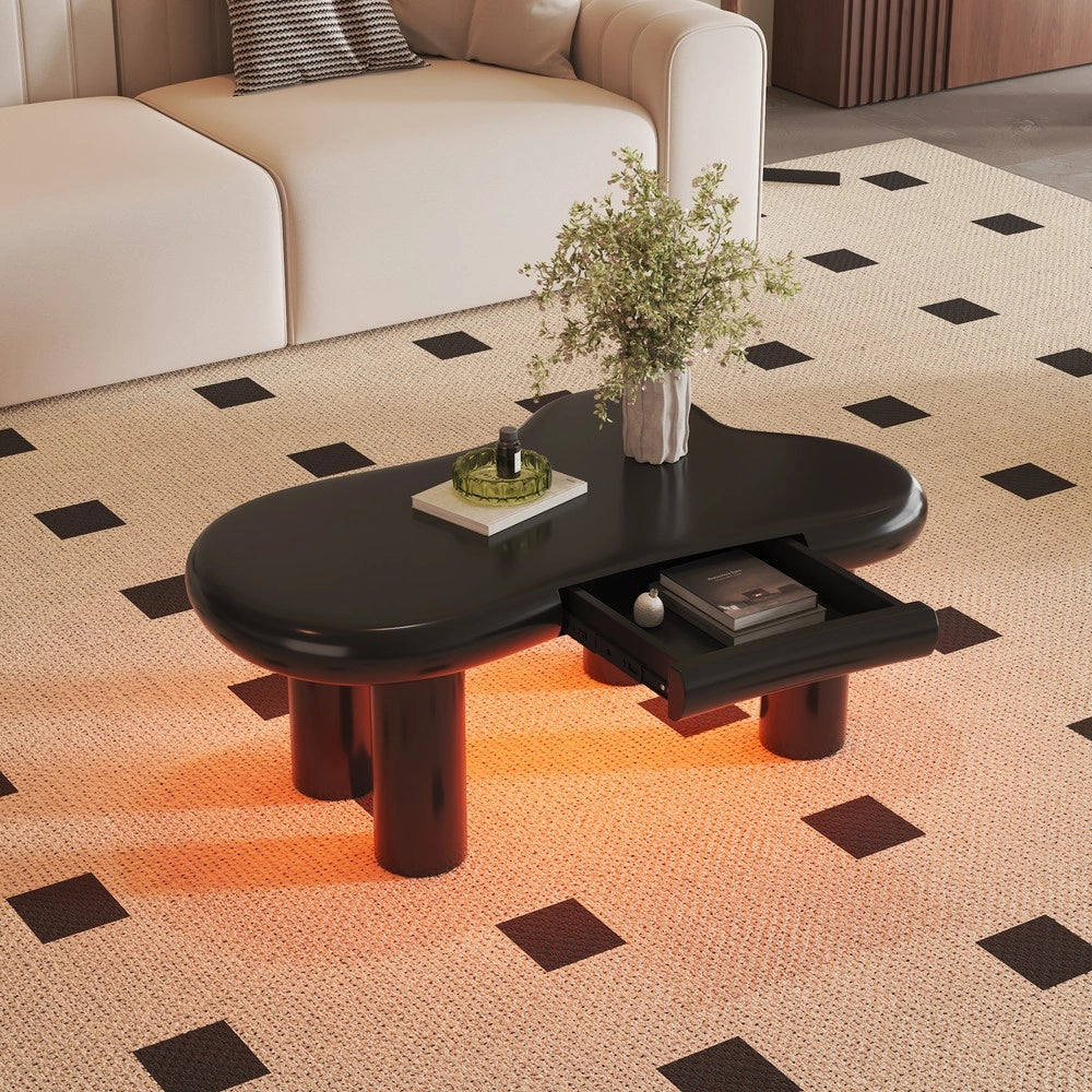 Tavolino da Caff¨¨ a Forma di Nuvola con LED e Cassetto ¨C MINIMAL ¨C MDF Nero