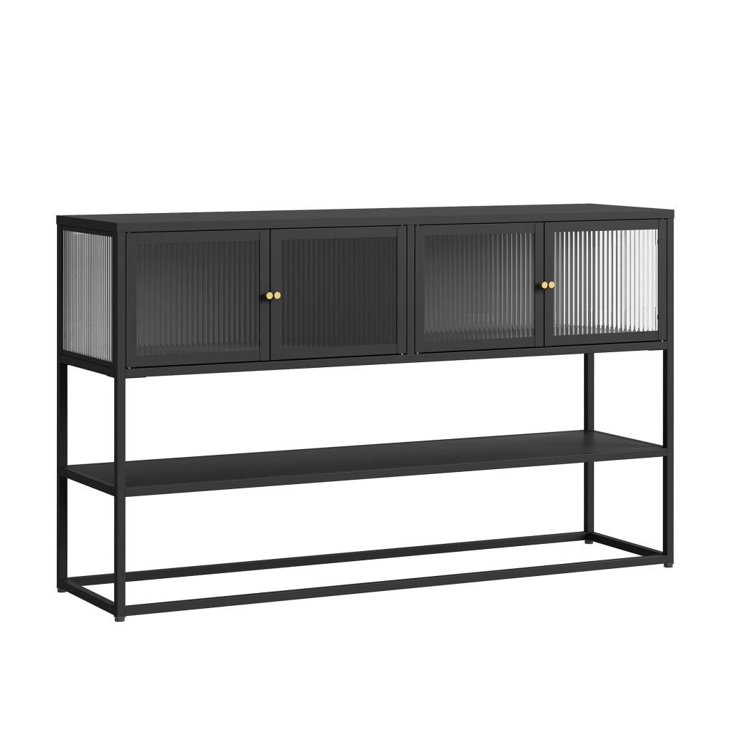 Credenza Bassa Säkylä con Ante in Vetro Scanalato 150x38x90 cm Nero [en.casa]