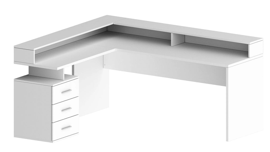 Scrivania Angolare 3 Cassetti e Ripiani a Giorno 180/160x60x90 cm New Selina Bianco Lucido