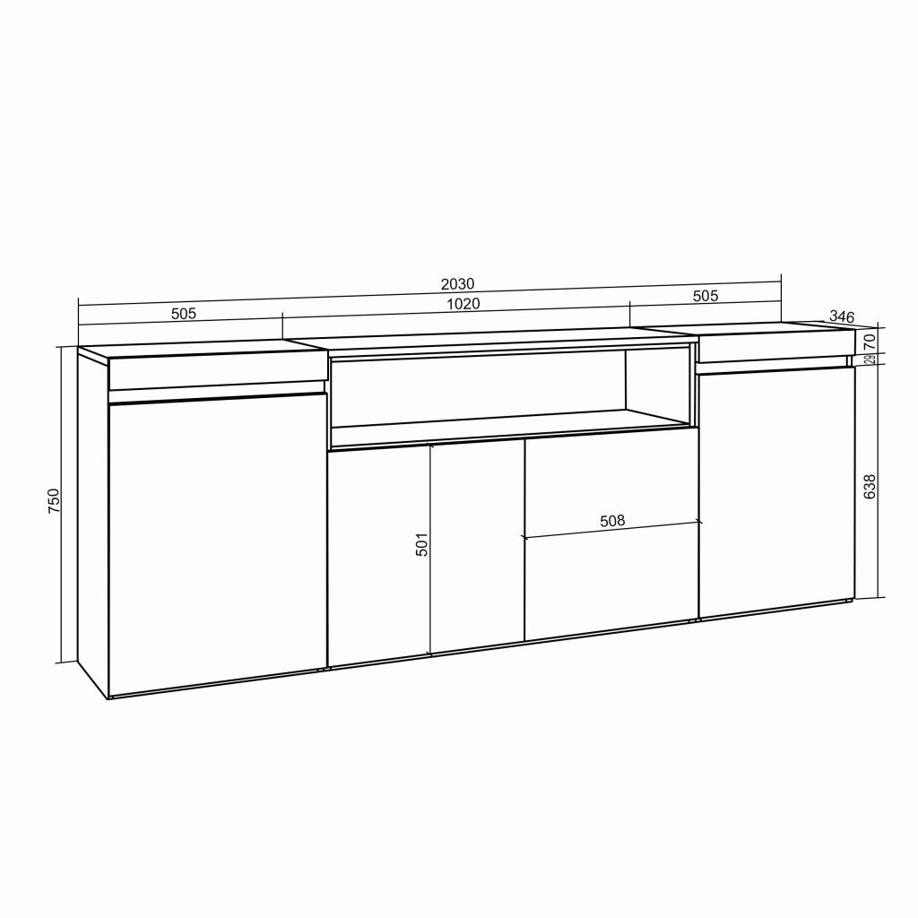 Credenza, Mobile, 200x35x75cm, 4 Porte, Camino elettrico, colore Rovere e nero RF2282
