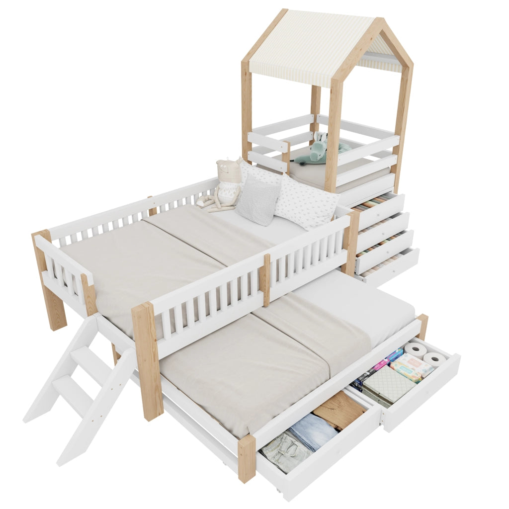 Letto per Bambini 90x200 cm e 90x190 cm con Letto Estraibile; Cassetti e Scala