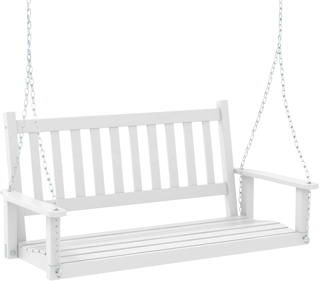 Altalena sospesa in legno per 2/3 persone con catene in metallo zincato regolabili e resistenti, con schienale a doghe e seduta per patio giardino (136 x 67 x 63 cm, bianco)