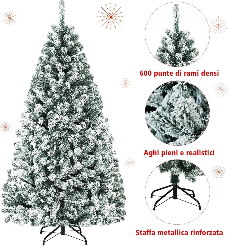 Albero di Natale Innevato 180 cm, Albero di Natale con 600 Rami Folti e Base di Metallo con Cuscinetti Antiscivolo, Ideale per Casa, Ufficio e Negozio (180cm)