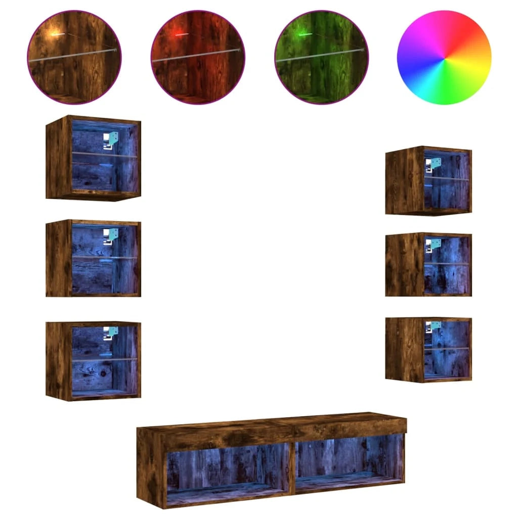 Mobile TV multimediale scaffale TV credenza mobile TV sala da pranzo soggiorno camera da letto con illuminazione a LED 8 pezzi rovere affumicato legno ingegnerizzato marrone 02_0029479