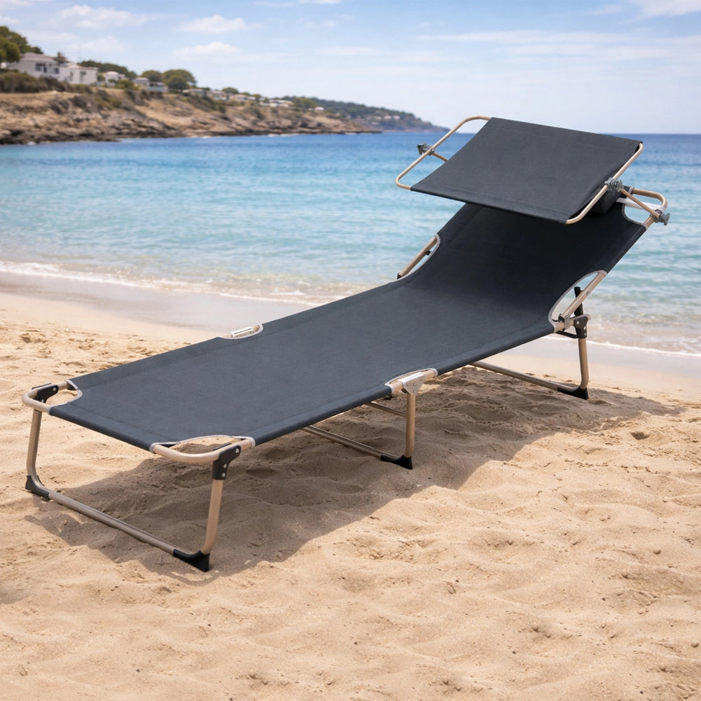 Lettino Prendisole da Spiaggia Pieghevole Schienale Reclinabile Parasole Grigio