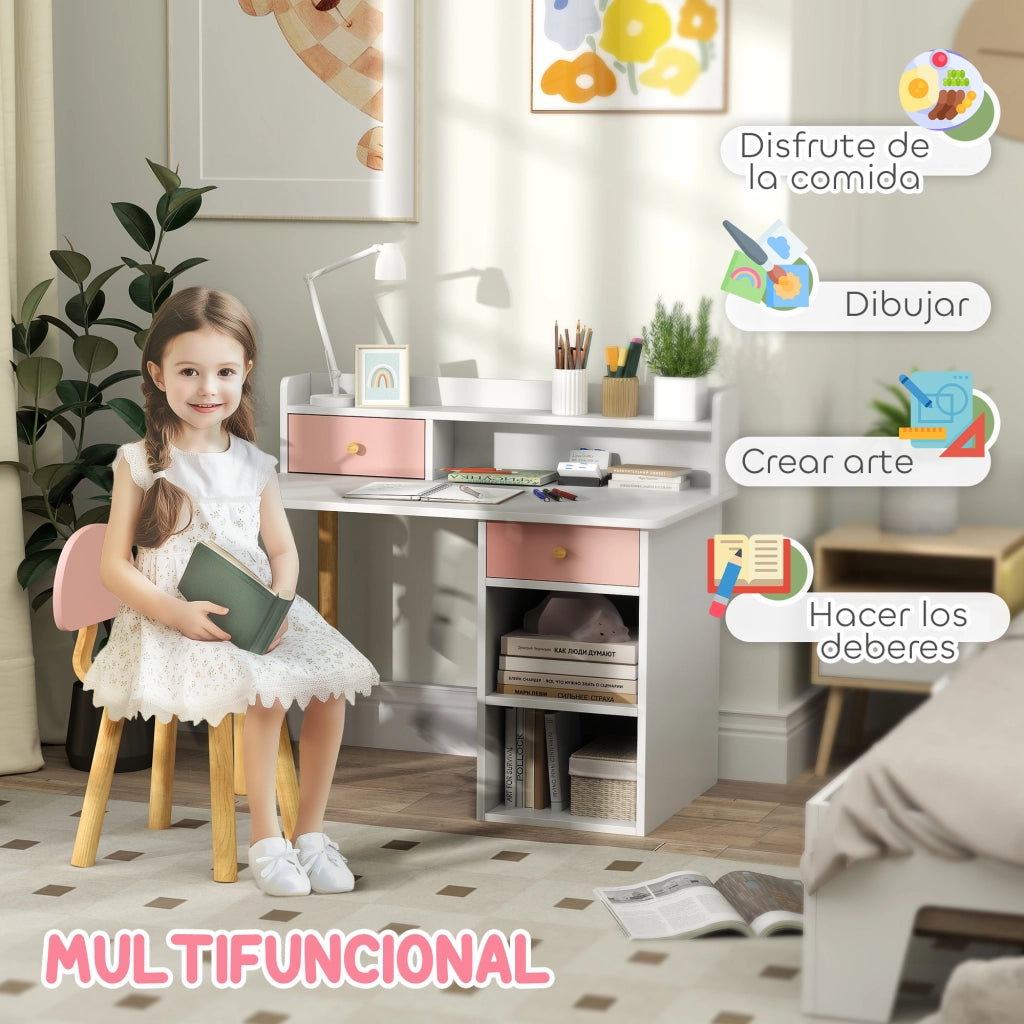 Scrivania per bambini con sedia e cassetti ¨C Xylo ¨C Rosa e bianco con ripiani