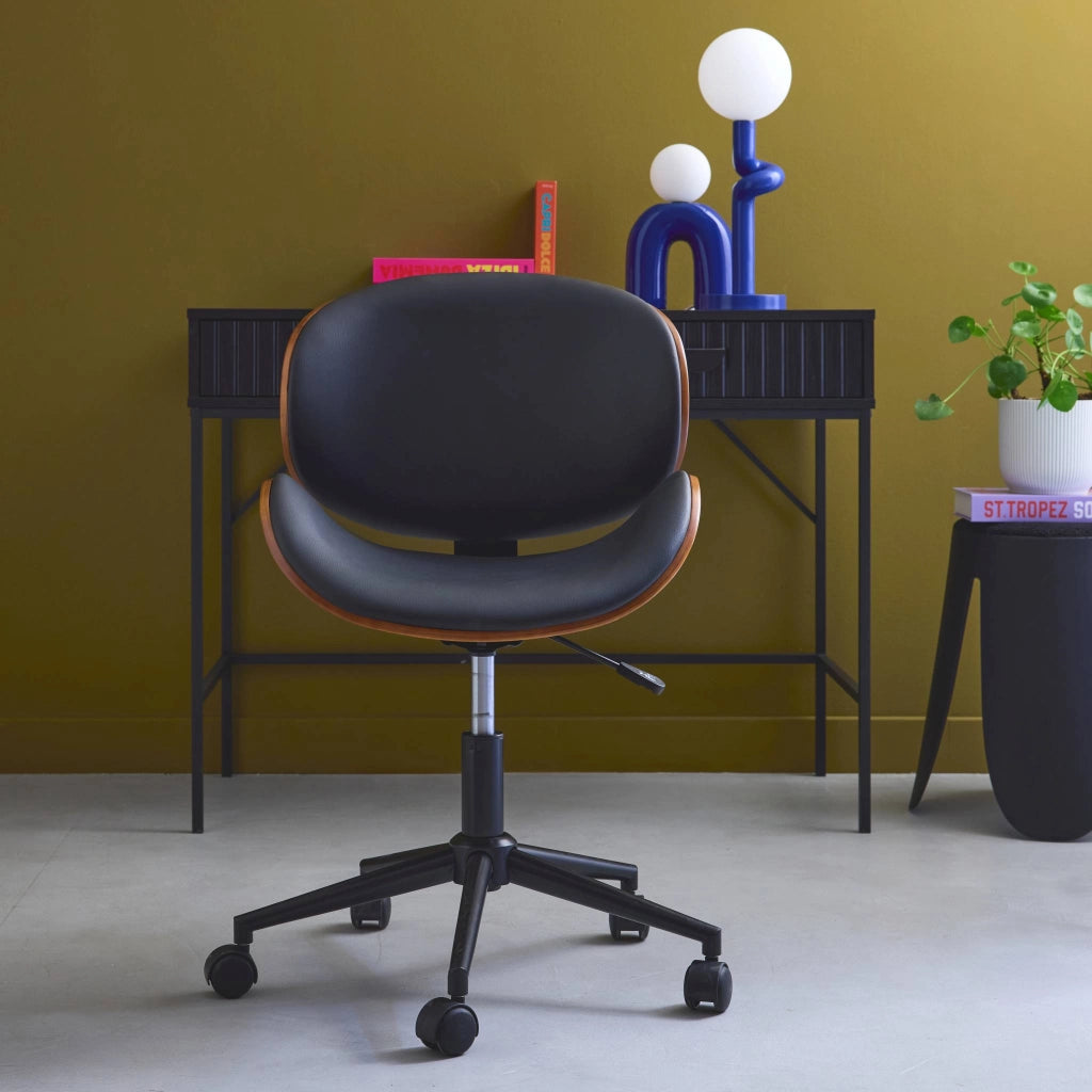Sedia da ufficio con rotelle, effetto legno curvato e similpelle, nero