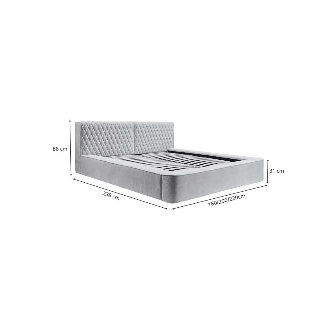 Letto contenitore VERNON – Tessuto bouclé chenille Taupe fumé – 140x200 cm – Rete sollevabile – Design di alta gamma
