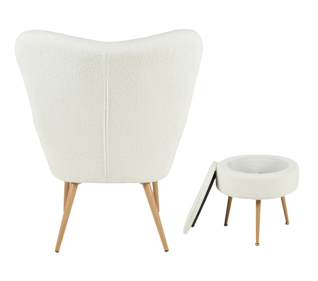Poltrona Imbottita Ergonomica Con Schienale E Braccioli Con Poggiapiedi Contenitore Camera Da Letto Salotto Moderna Pouf Sedia Effetto Teddy Morbida - Bianco