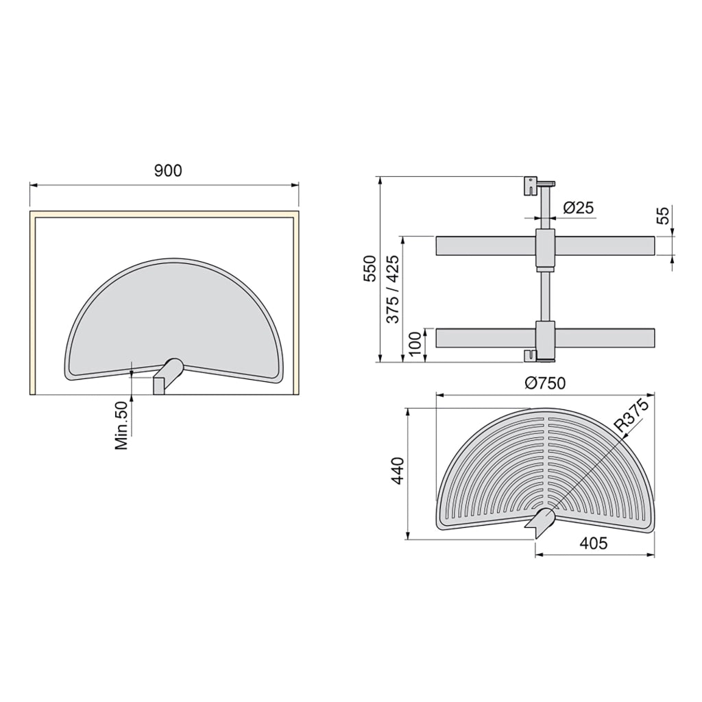 Cestello Girevole Ø75 cm per Mobile da Cucina 90 cm in Plastica Emuca Grigio