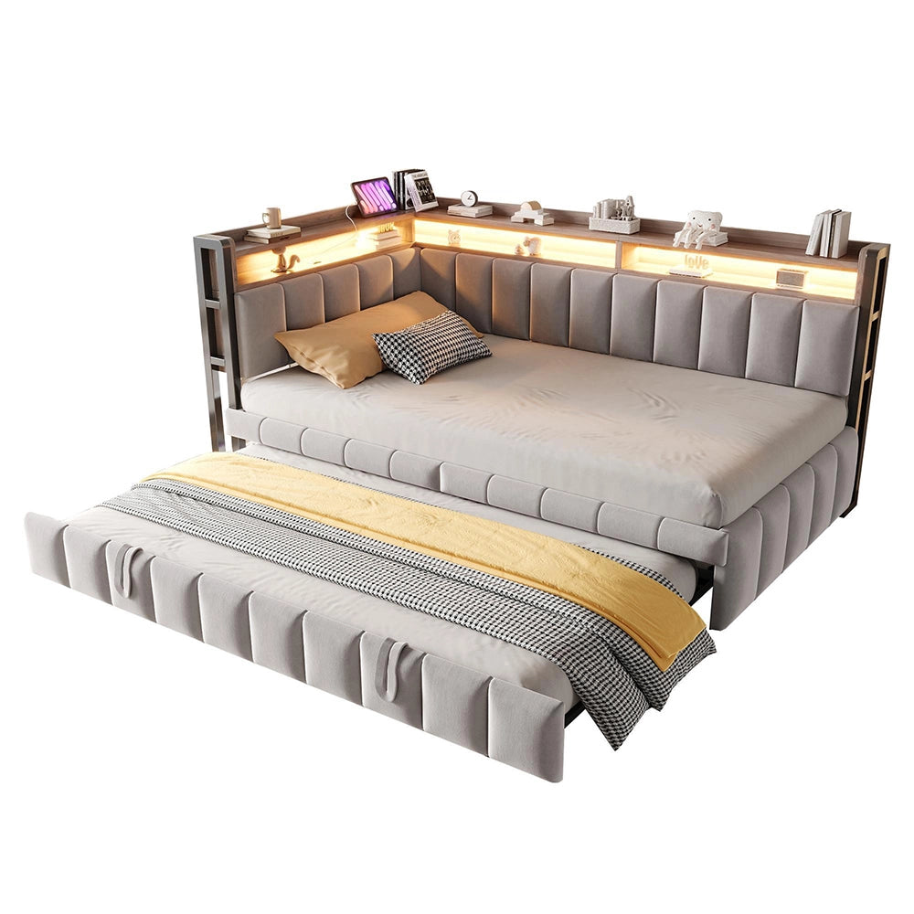 Divano letto 90x200cm?- Xylo - gigogne LED USB velluto grigio chiaro