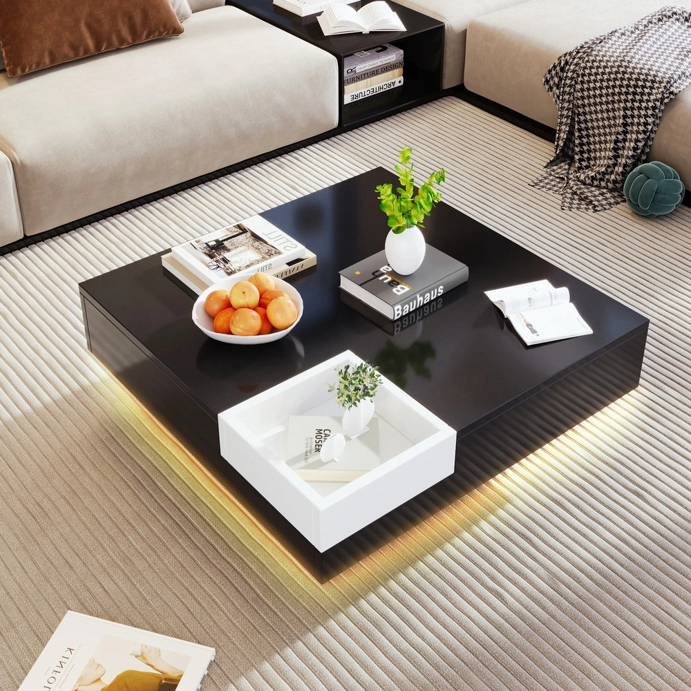 Tavolino da Caff¨¨ con LED e Box Contenitore ¨C MINIMAL ¨C Bianco e Nero Lucido, 72x72x30 cm