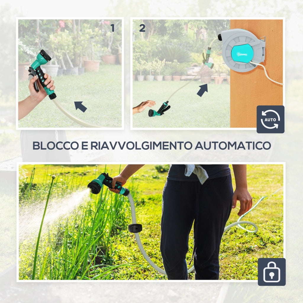 Avvolgitubo Automatico a Parete e Portatile Lunghezza 30+2 m, Sistema di Blocco e 7 Getti, Verde