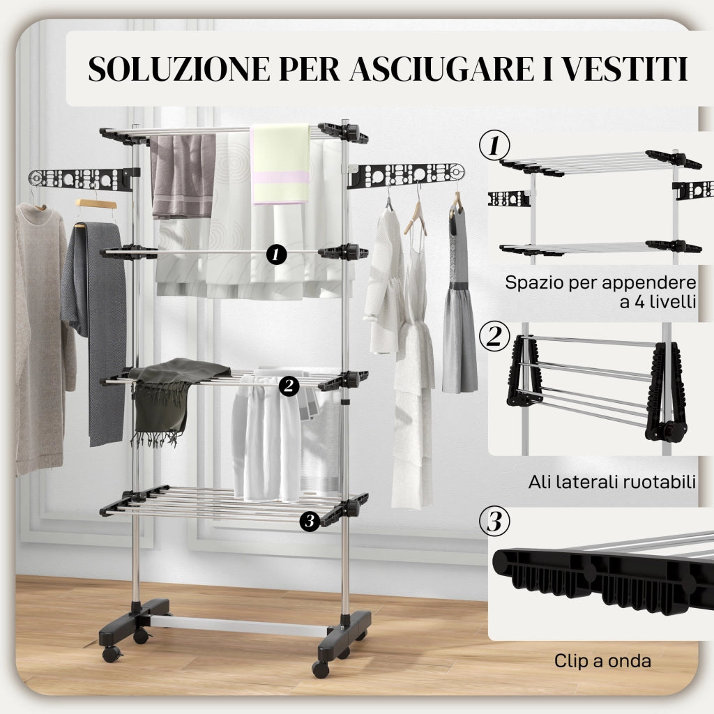 Stendino Verticale con Ripiani Regolabili ¨C Minimal ¨C Acciaio e Plastica, Nero e Argento, 142x55x172 cm