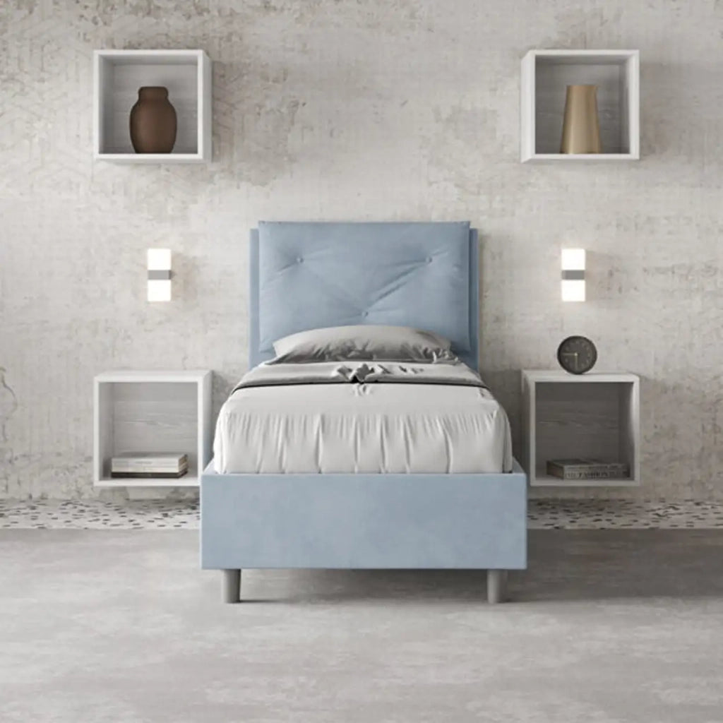 Letto singolo contenitore imbottito 80x190 microfibra azzurro Appia