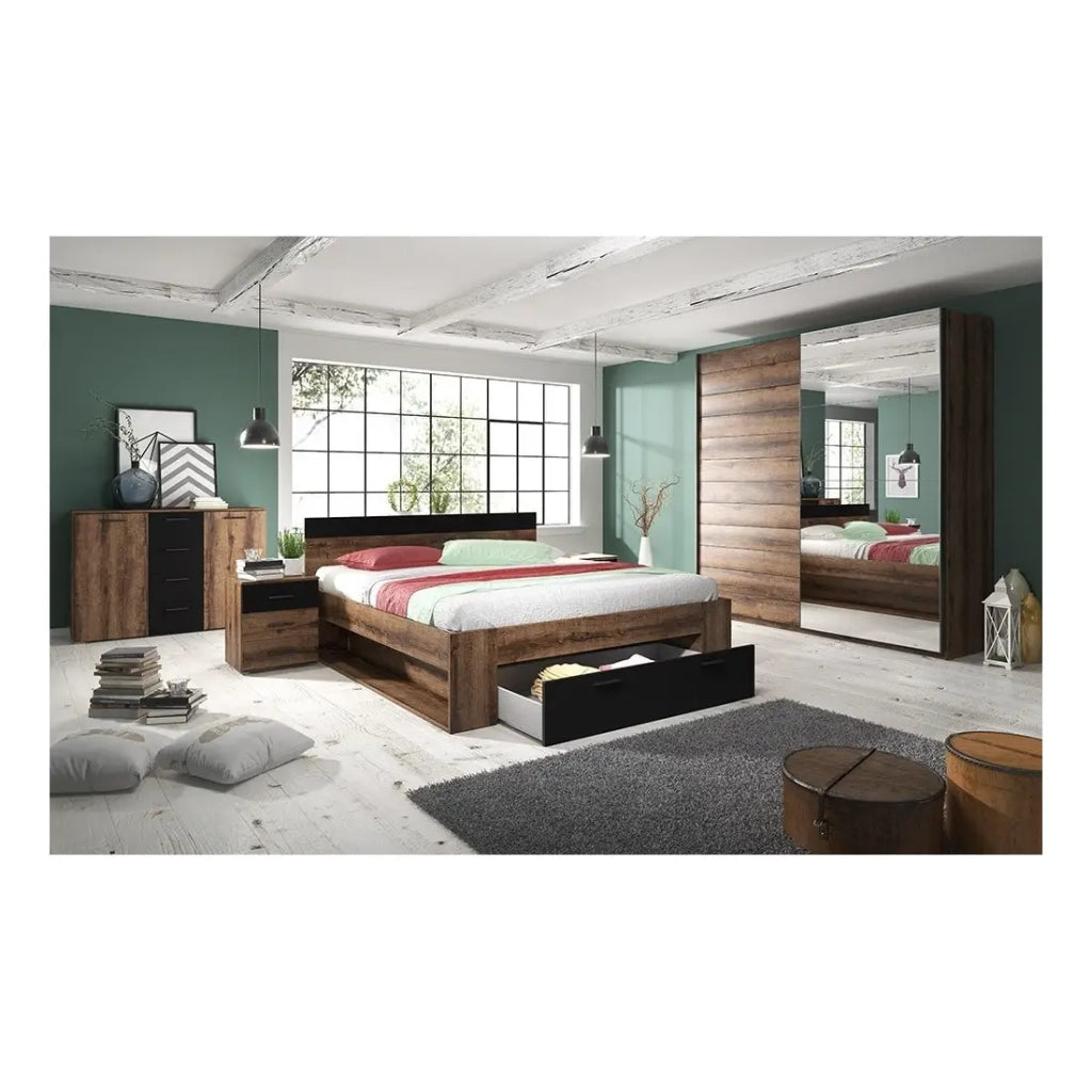 Set letto 180x200 più comodini collezione EOS. Colore rovere scuro e nero.