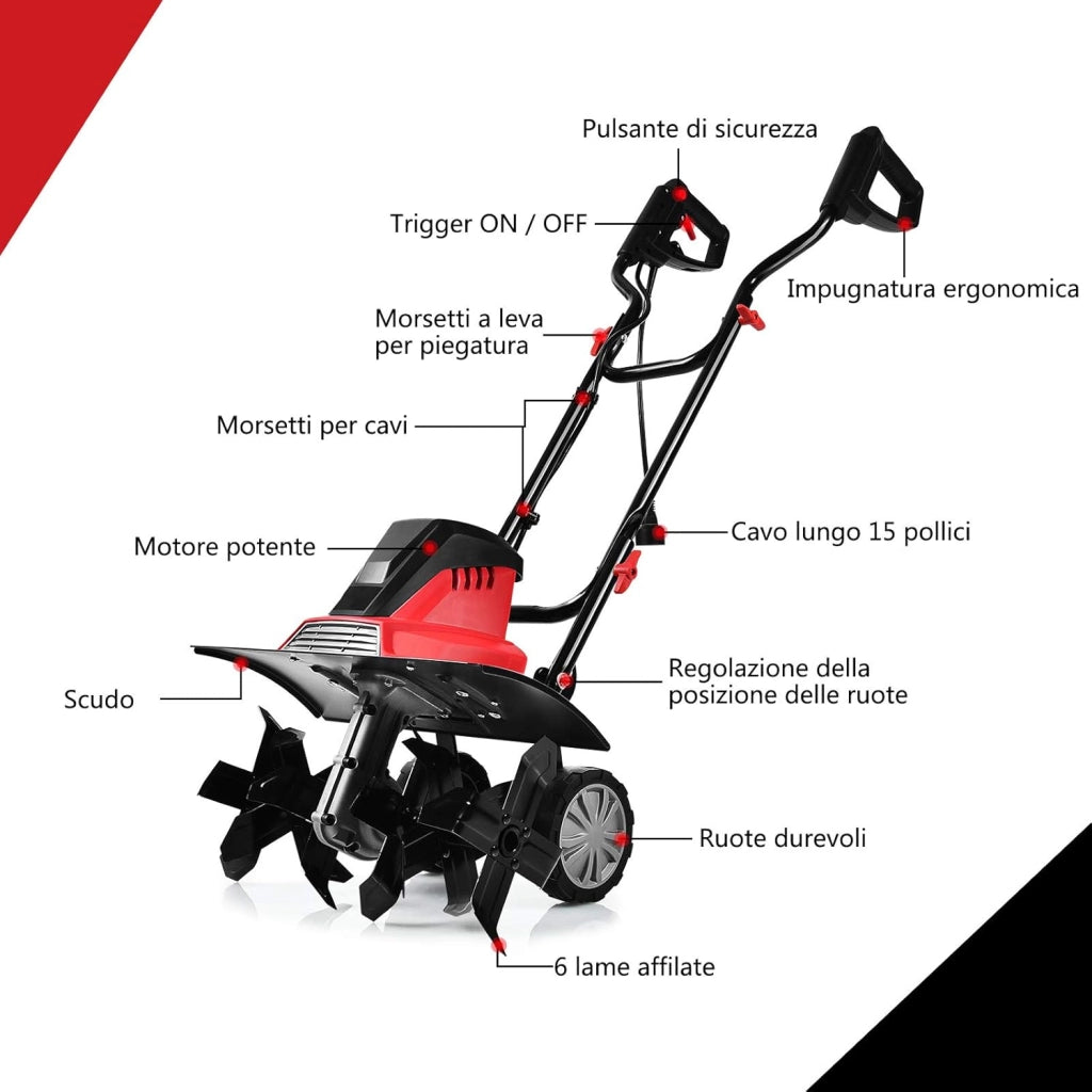 Zappatrice Elettrica Dissodatore Coltivatore per Giardino, Motozappa 230V, Rosso Nero (1500W, 45cm)