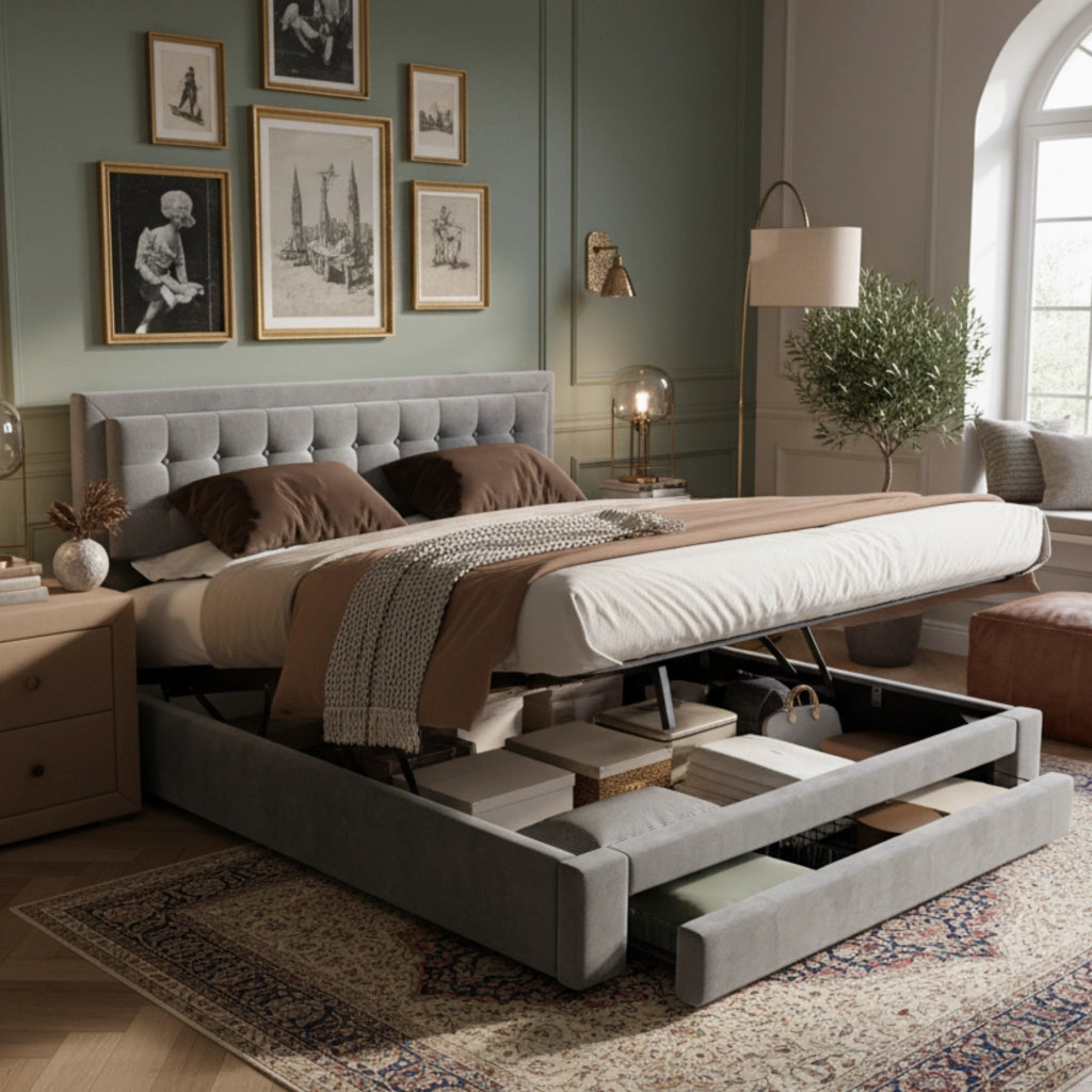 Letto contenitore – 160x200 cm – cassetti rete – velluto grigio