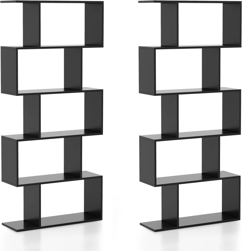 Scaffale a 5 Ripiani in Legno, Libreria Geometrica a Forma di S con Dispositivo Antiribaltamento, per Soggiorno Ufficio Camera da Letto, 70 x 23,5 x 158 cm (nero)
