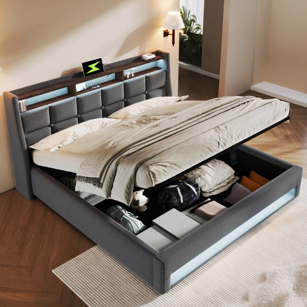LETTO Contenitore 140x200 cm Grigio in Lino con USB e LED