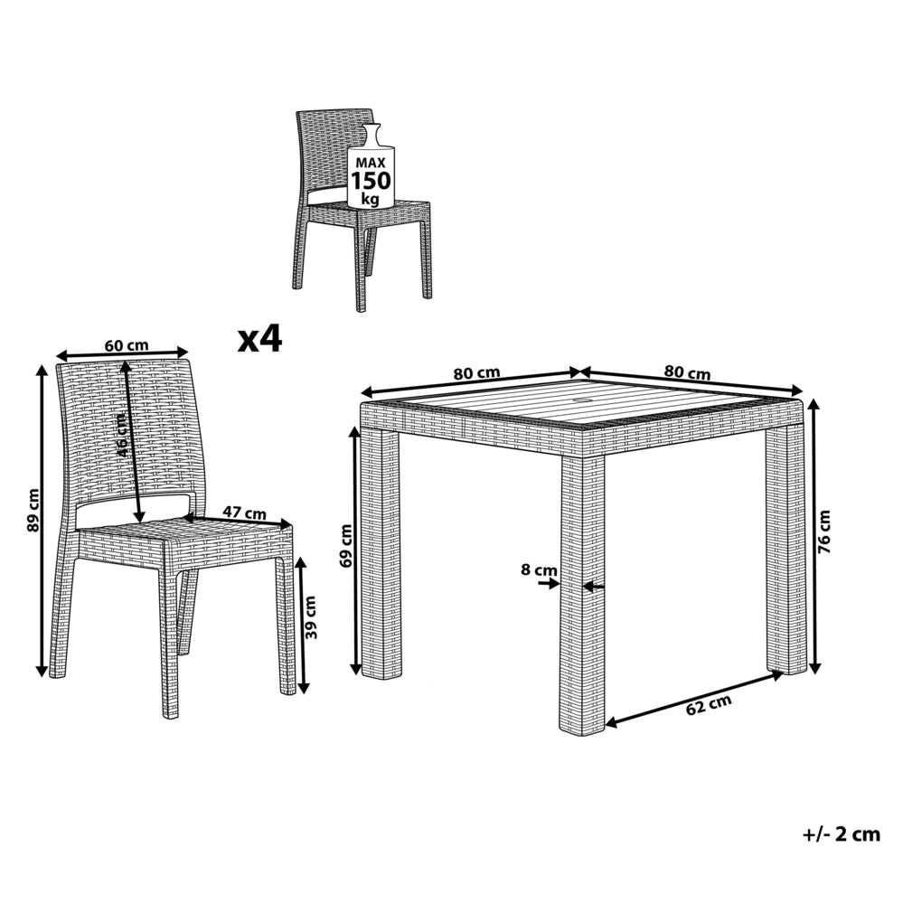 Set da pranzo da giardino Tavolo quadrato grigio chiaro 80 x 80 cm 4 sedie impilabili 4 posti minimalista