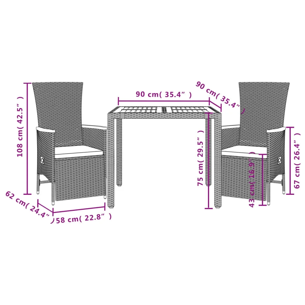 Set da Pranzo da Giardino 3 pz con Cuscini Nero in Polyrattan 3277503